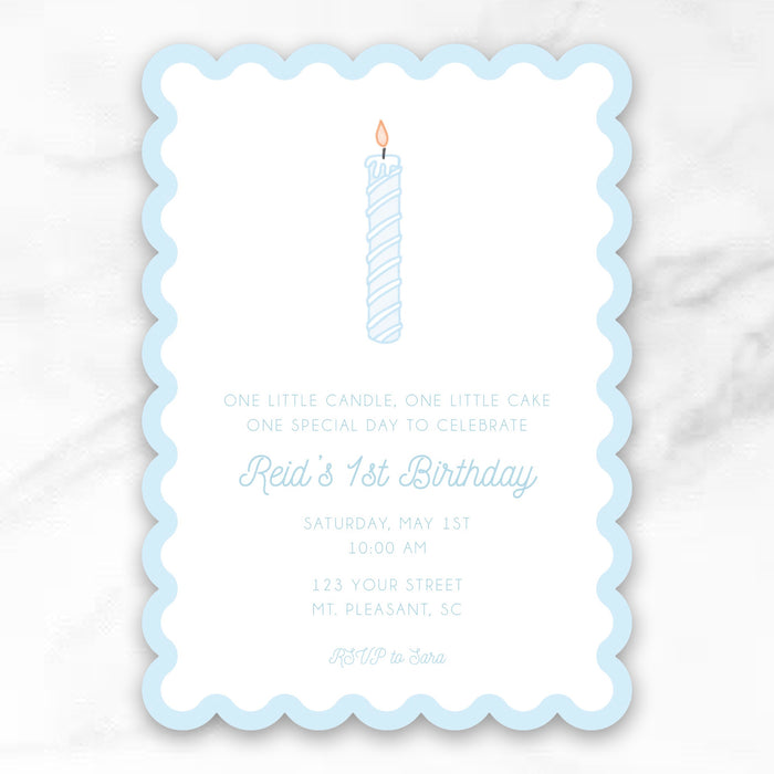 Blue Candle Birthday Invitations - Scallop Edge