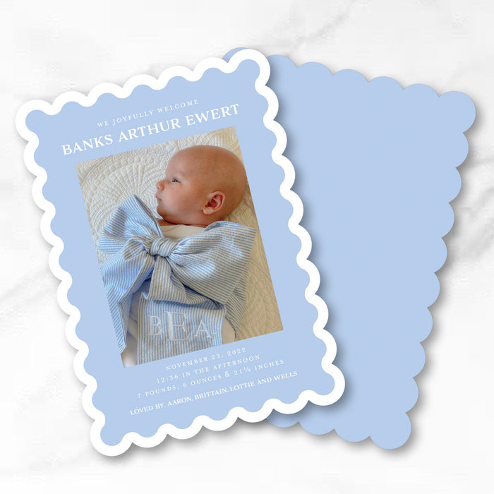 Scallop Trim Cut-Out Birth Announcement - Serif- Blue Inverse - Vertical