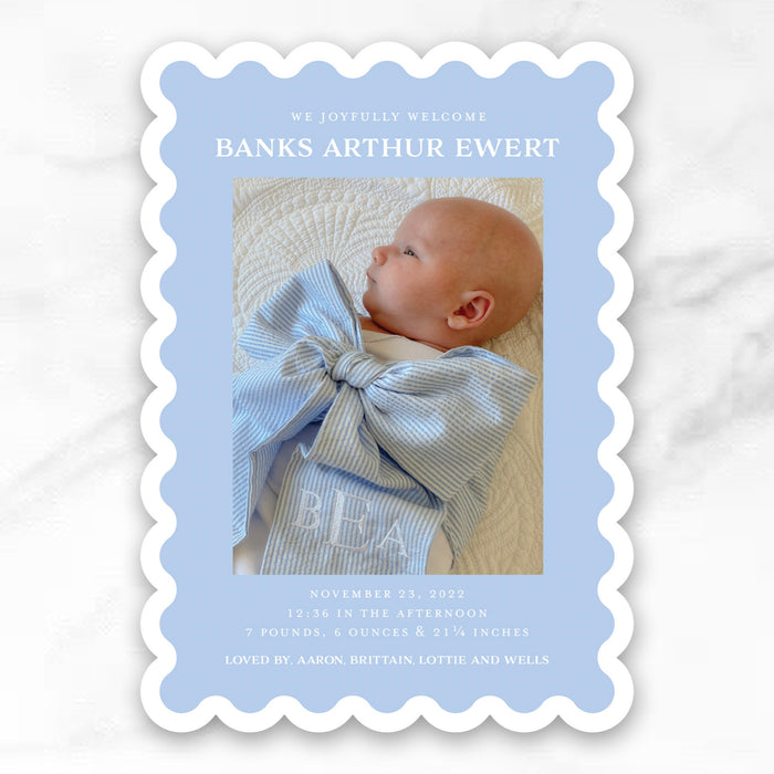 Scallop Trim Cut-Out Birth Announcement - Serif- Blue Inverse - Vertical