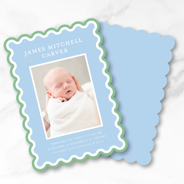 Scallop Trim Cut-Out Birth Announcement - Green-Blue Double Border