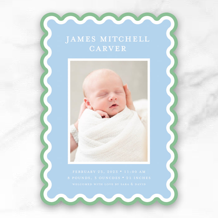 Scallop Trim Cut-Out Birth Announcement - Green-Blue Double Border