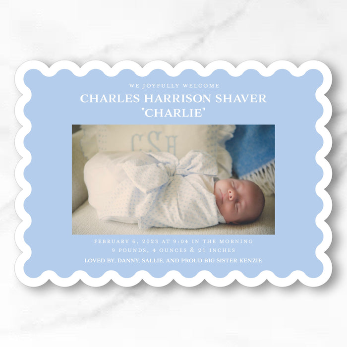 Scallop Trim Cut-Out Birth Announcement - Serif- Blue Inverse - Horizontal