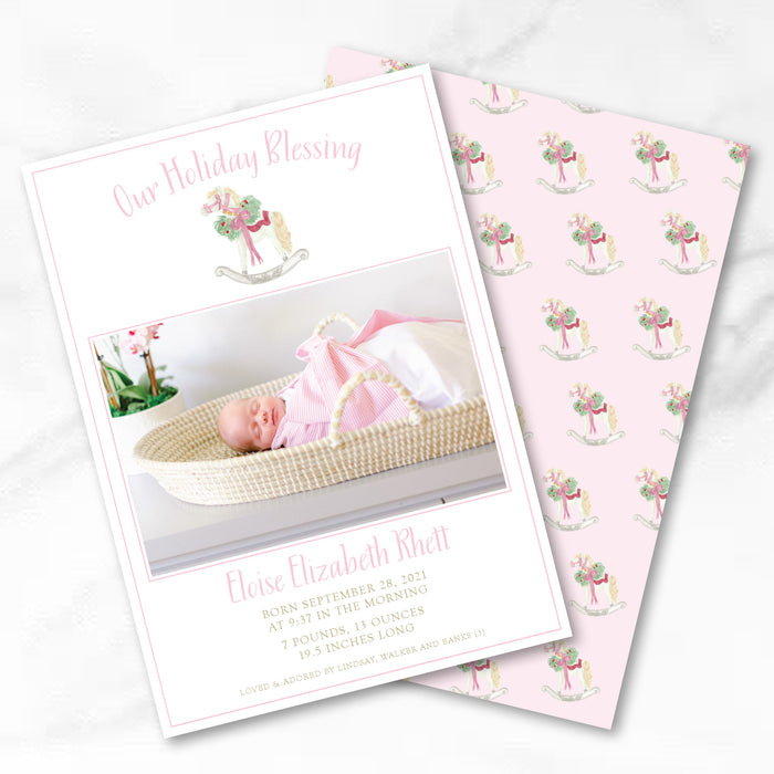 Pink Rocking Horse Announcement Holiday Card