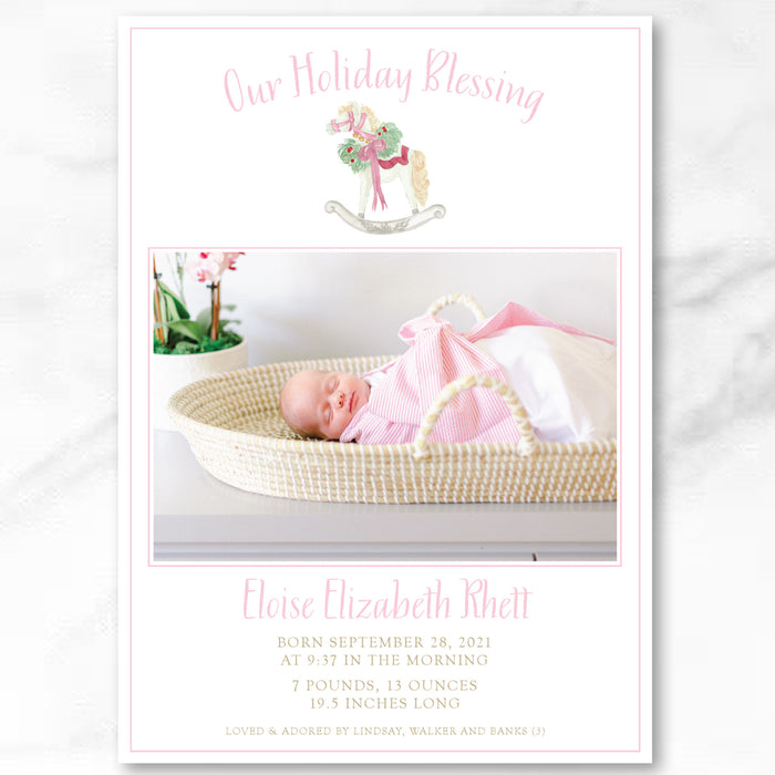 Pink Rocking Horse Announcement Holiday Card