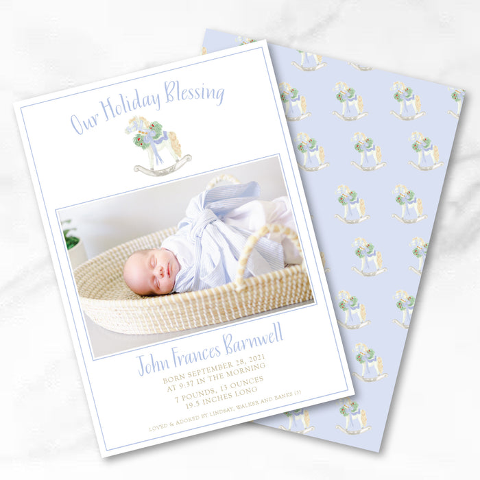 Blue Rocking Horse Announcement Holiday Card