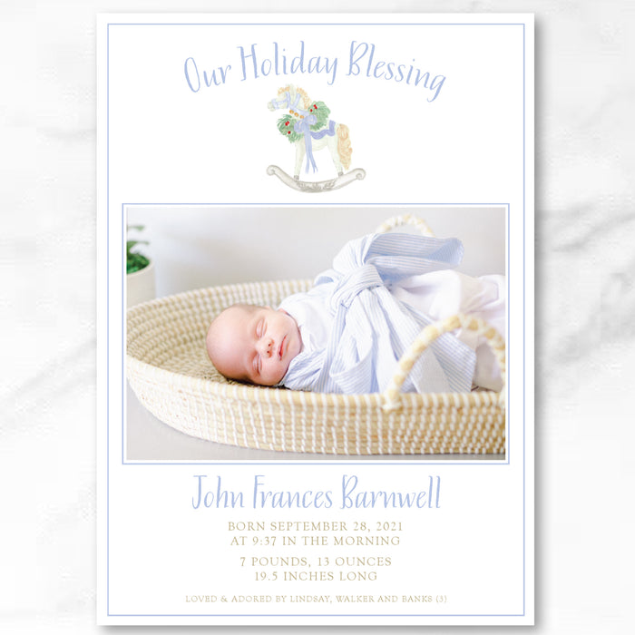 Blue Rocking Horse Announcement Holiday Card