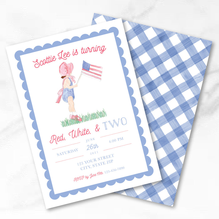 Patriotic Red, White, & TWO Birthday Invitations - Brunette