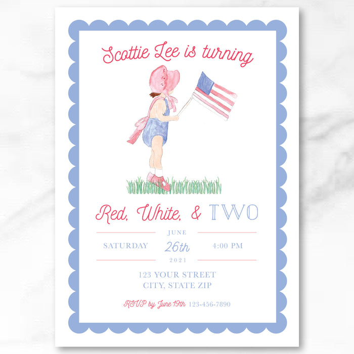 Patriotic Red, White, & TWO Birthday Invitations - Brunette