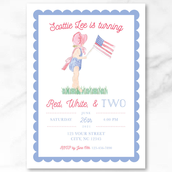 Patriotic Red, White, & TWO Birthday Invitations - Blonde