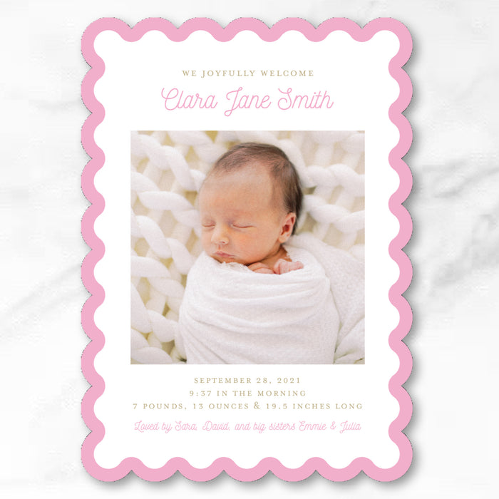 Scallop Trim Cut-Out Birth Announcement - Pink