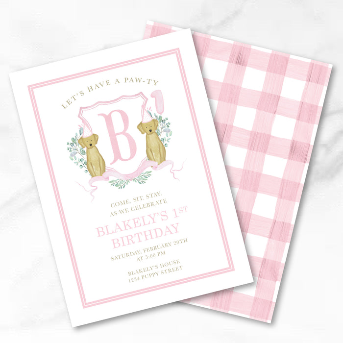 Puppy Crest Birthday Invitations - Pink