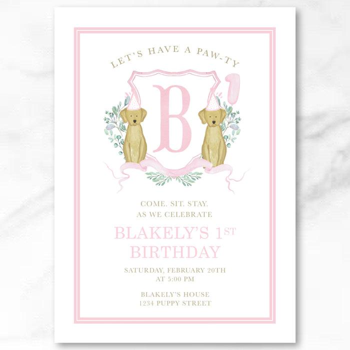 Puppy Crest Birthday Invitations - Pink