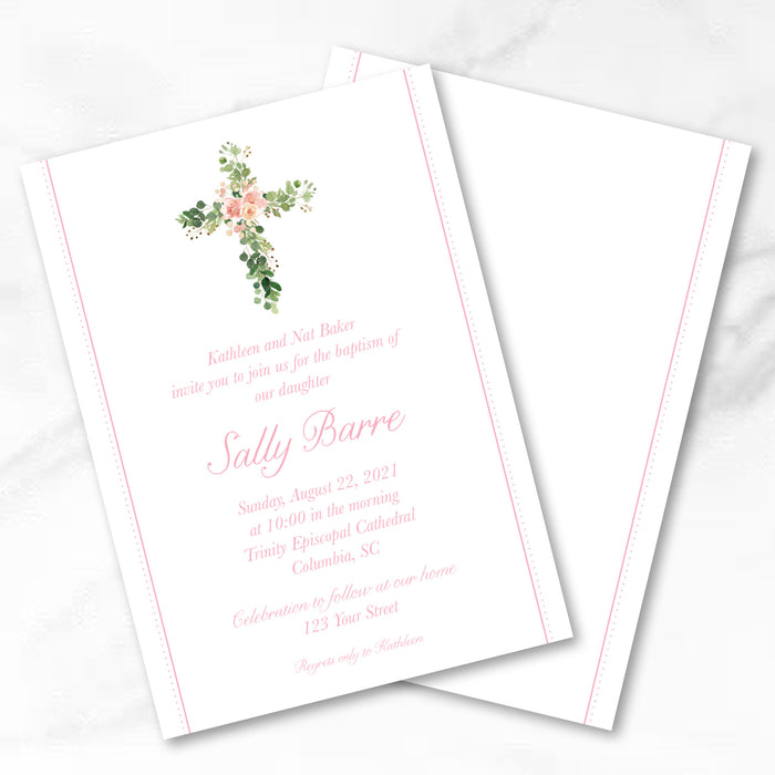 Classic Pink Floral Cross Baptism Invitations