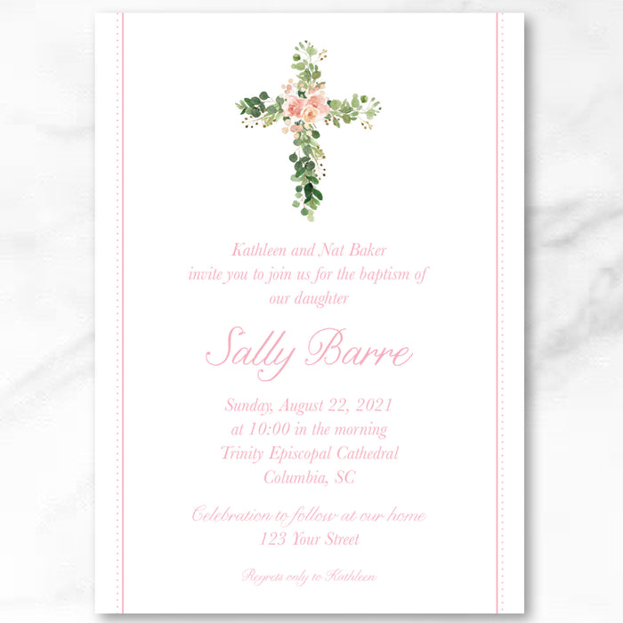 Classic Pink Floral Cross Baptism Invitations