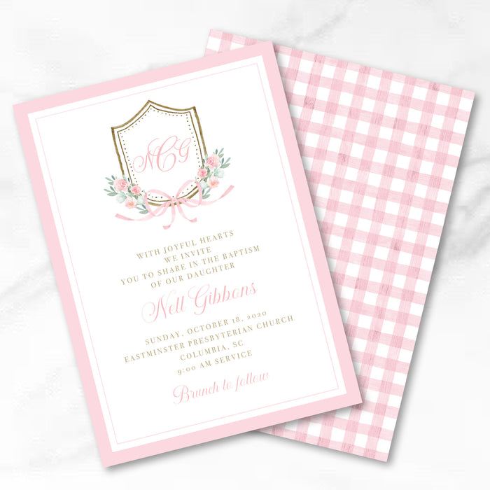 Pink Bow Crest Baptism Invitations