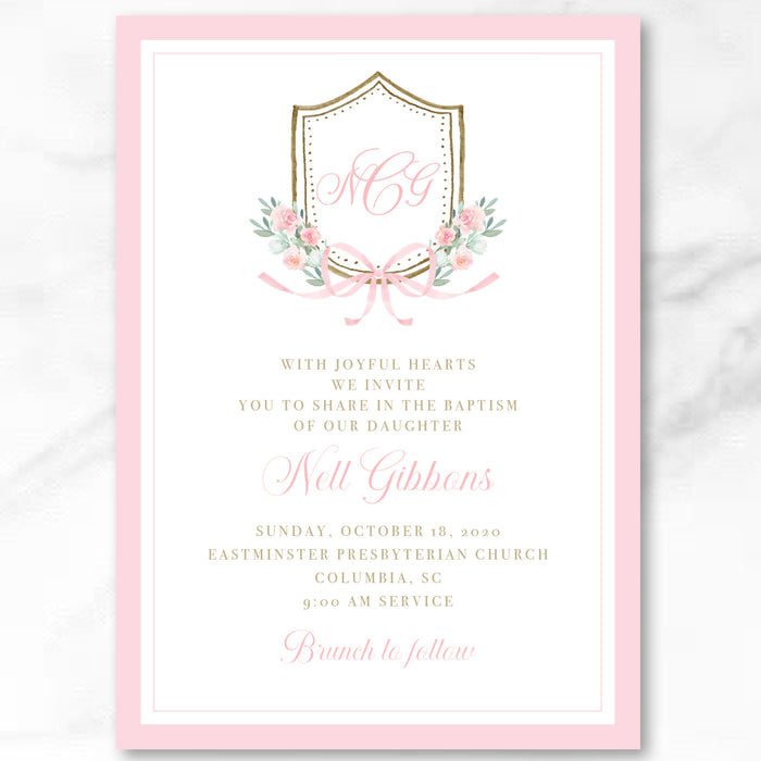 Pink Bow Crest Baptism Invitations