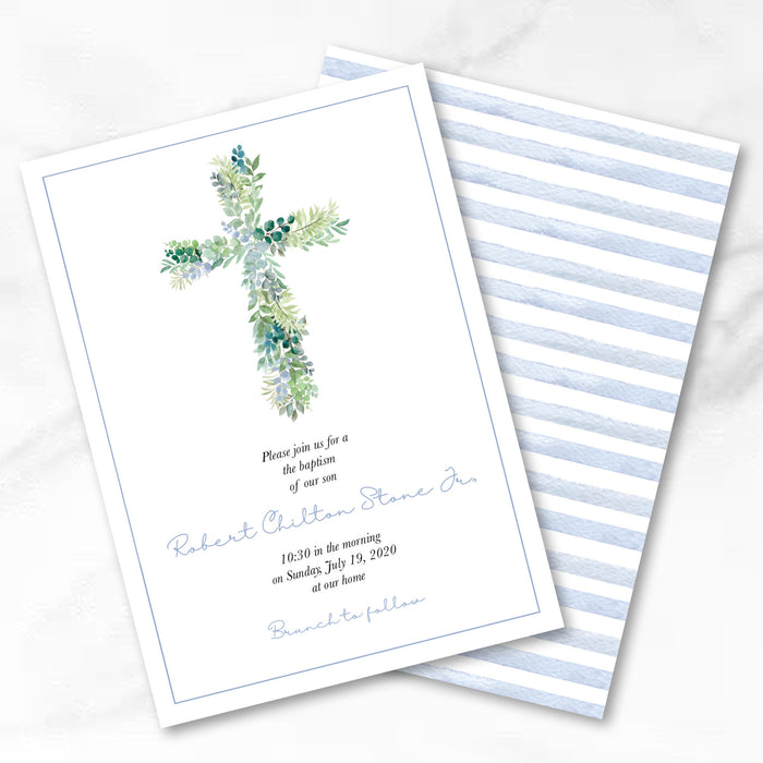 Greenery Cross Baptism Invitations