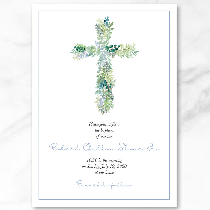 Greenery Cross Baptism Invitations