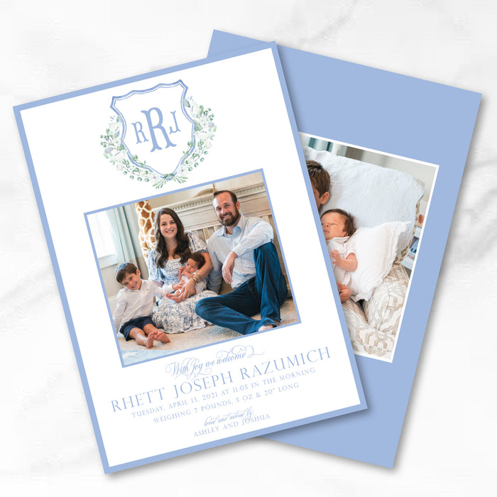 Blue Monogram Floral Crest Birth Announcement