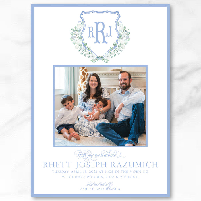 Blue Monogram Floral Crest Birth Announcement