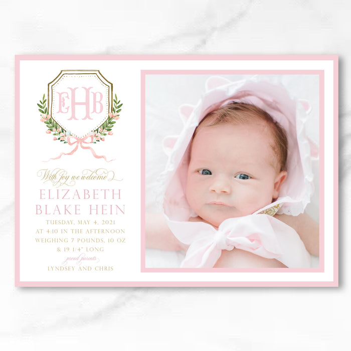 Pink Monogram Crest Birth Announcement - Horizontal