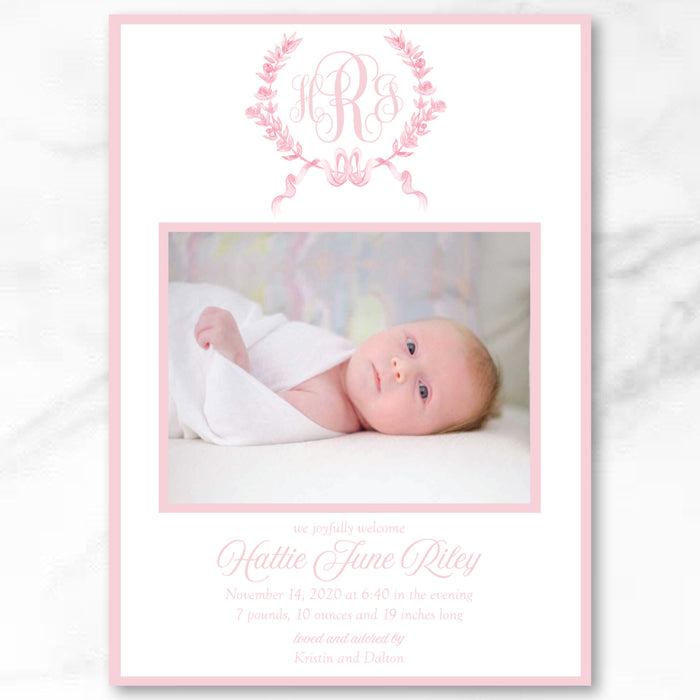 Pink Floral Painted Crest Birth Announcement