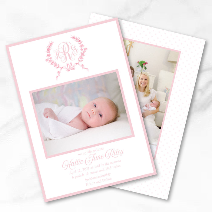 Pink Floral Painted Crest Birth Announcement