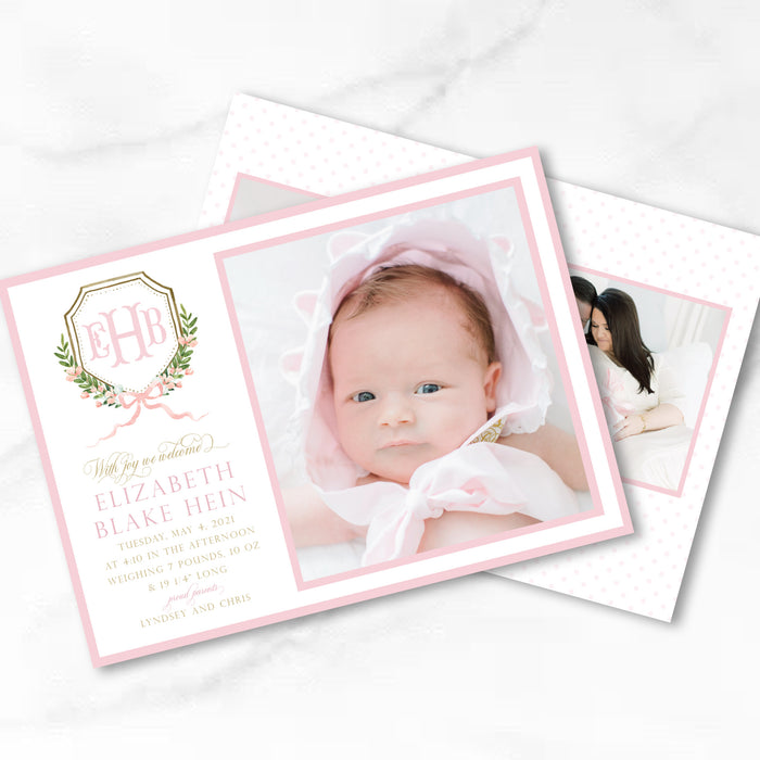 Pink Monogram Crest Birth Announcement - Horizontal