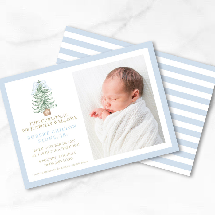 Blue Tree Announcement Holiday Card - Horizontal