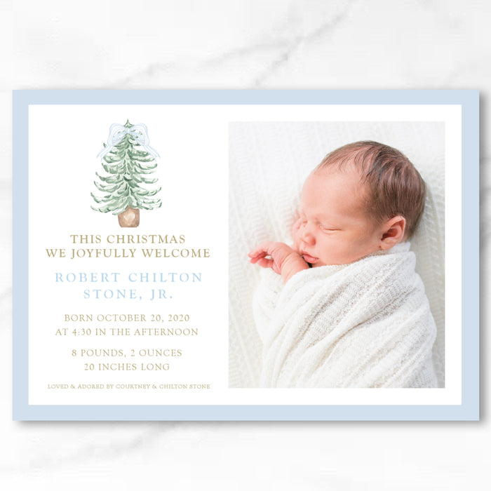 Blue Tree Announcement Holiday Card - Horizontal