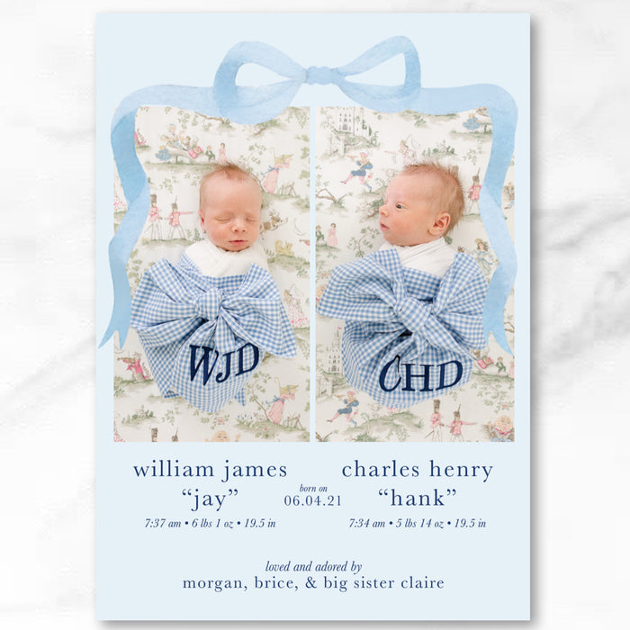 Blue Twins Bow Birth Announcement