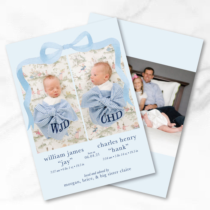 Blue Twins Bow Birth Announcement